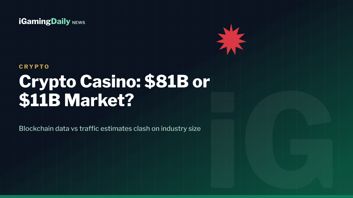 Crypto casino market size debate graphic showing $81 billion versus $11 billion estimates on blockchain background