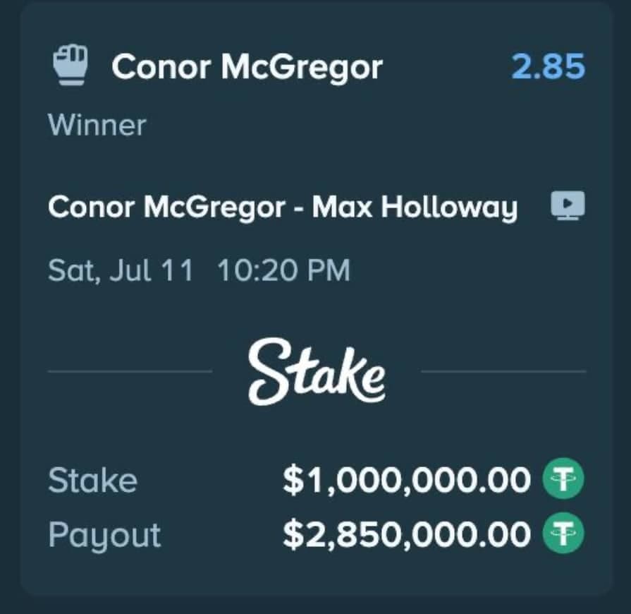Drake $30 million Stake casino jackpot slot win McGregor UFC 329 bet $1 million loss July 2026