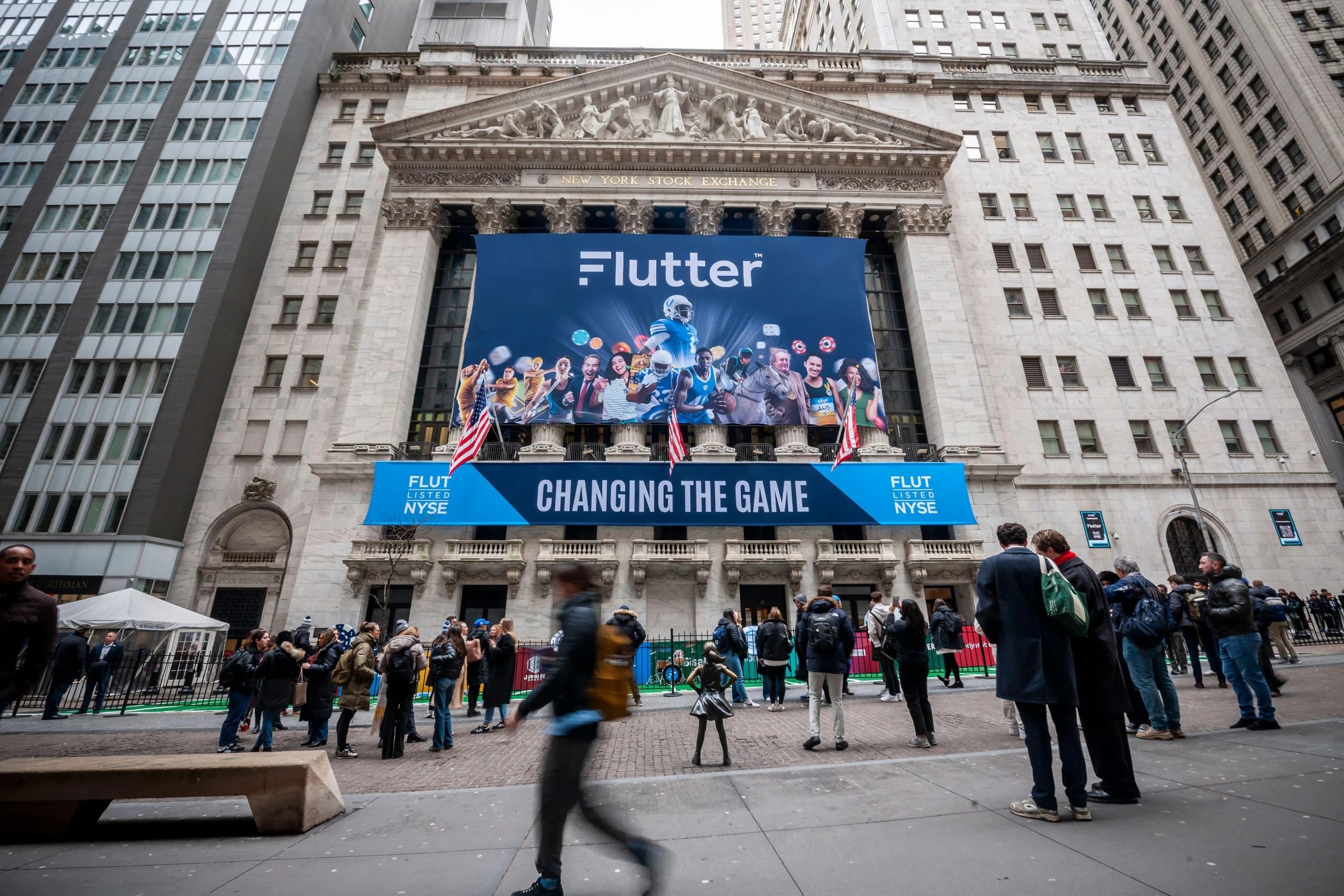 Flutter Entertainment NYSE listing display board as the company delists from the London Stock Exchange in August 2026